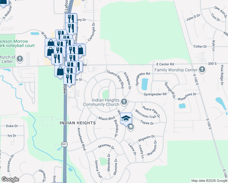 map of restaurants, bars, coffee shops, grocery stores, and more near 5101 Mohawk Drive in Kokomo