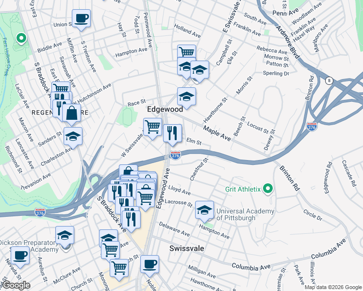 map of restaurants, bars, coffee shops, grocery stores, and more near 211 Edgewood Avenue in Pittsburgh