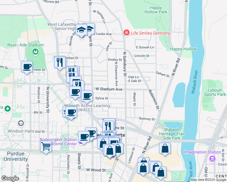 map of restaurants, bars, coffee shops, grocery stores, and more near 207 West Stadium Avenue in West Lafayette