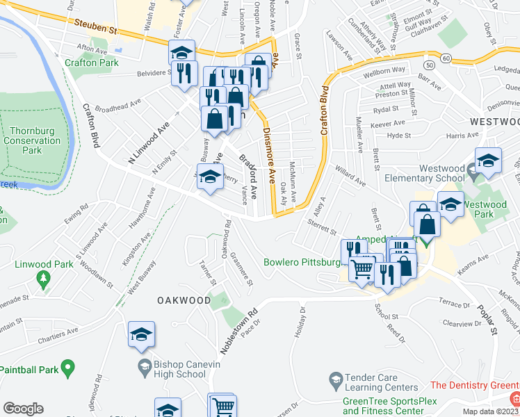 map of restaurants, bars, coffee shops, grocery stores, and more near 14 Bradford Avenue in Pittsburgh