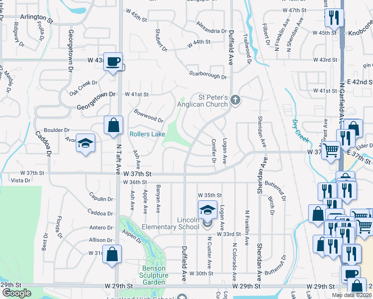map of restaurants, bars, coffee shops, grocery stores, and more near 1005 Banyan Court in Loveland