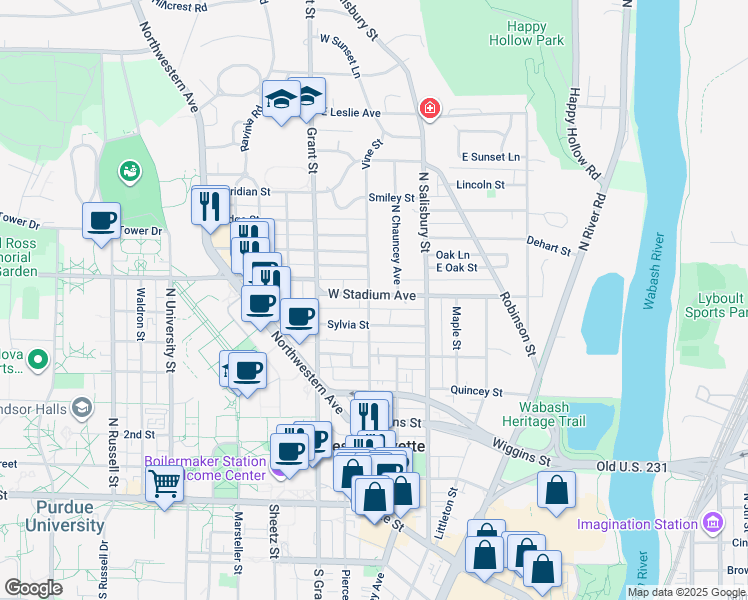 map of restaurants, bars, coffee shops, grocery stores, and more near 540 Vine Street in West Lafayette