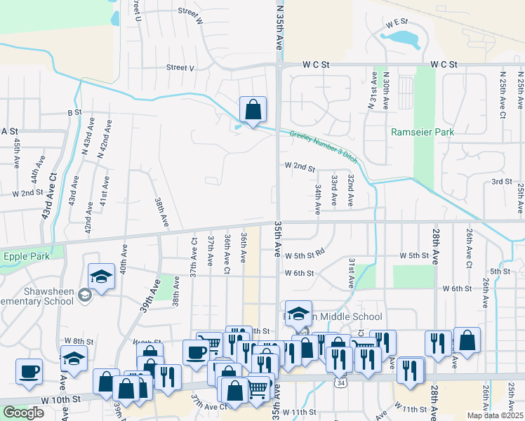 map of restaurants, bars, coffee shops, grocery stores, and more near 3529 West 4th Street in Greeley