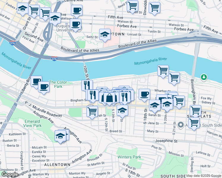 map of restaurants, bars, coffee shops, grocery stores, and more near 8 South 13th Street in Pittsburgh