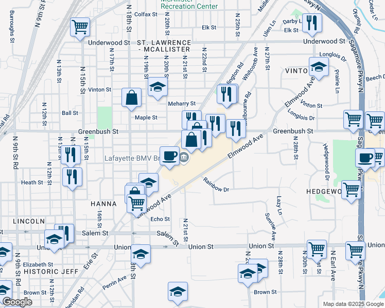 map of restaurants, bars, coffee shops, grocery stores, and more near 2200 Elmwood Avenue in Lafayette