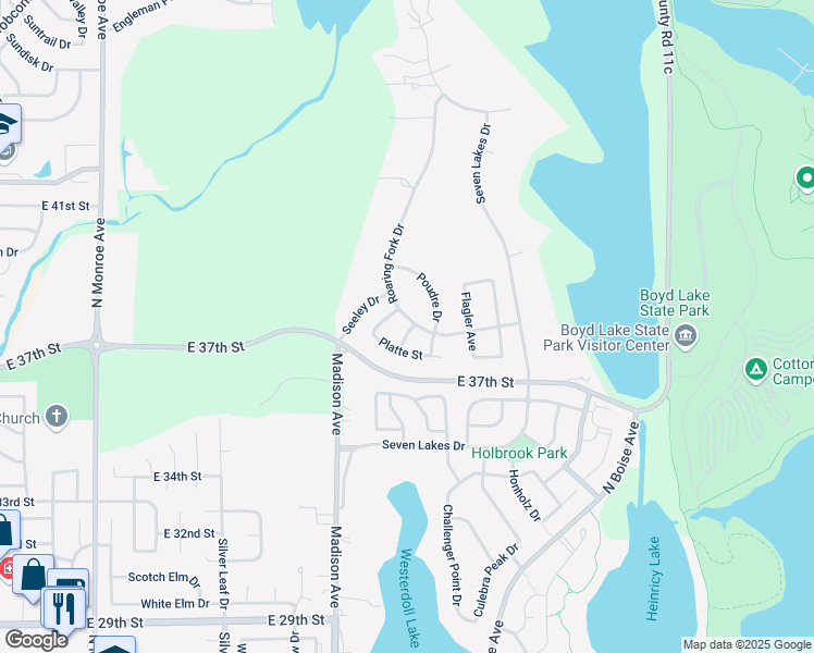 map of restaurants, bars, coffee shops, grocery stores, and more near 3793 Roaring Fork Drive in Loveland