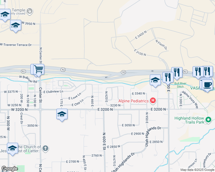map of restaurants, bars, coffee shops, grocery stores, and more near 629 East 3420 North in Lehi