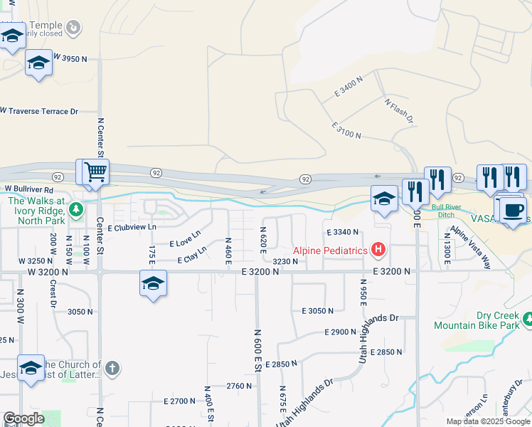 map of restaurants, bars, coffee shops, grocery stores, and more near 629 East 3420 North in Lehi