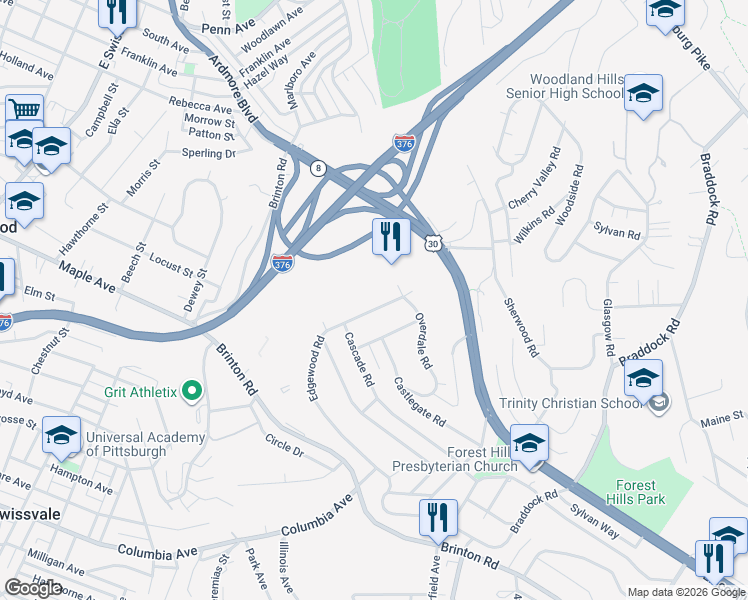 map of restaurants, bars, coffee shops, grocery stores, and more near 304 Edgewood Road in Pittsburgh