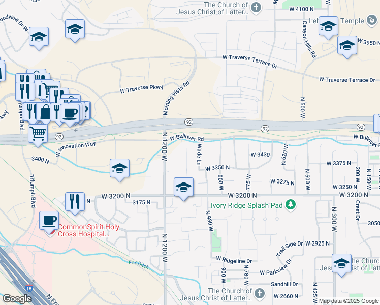 map of restaurants, bars, coffee shops, grocery stores, and more near 3468 North 1090 West in Lehi