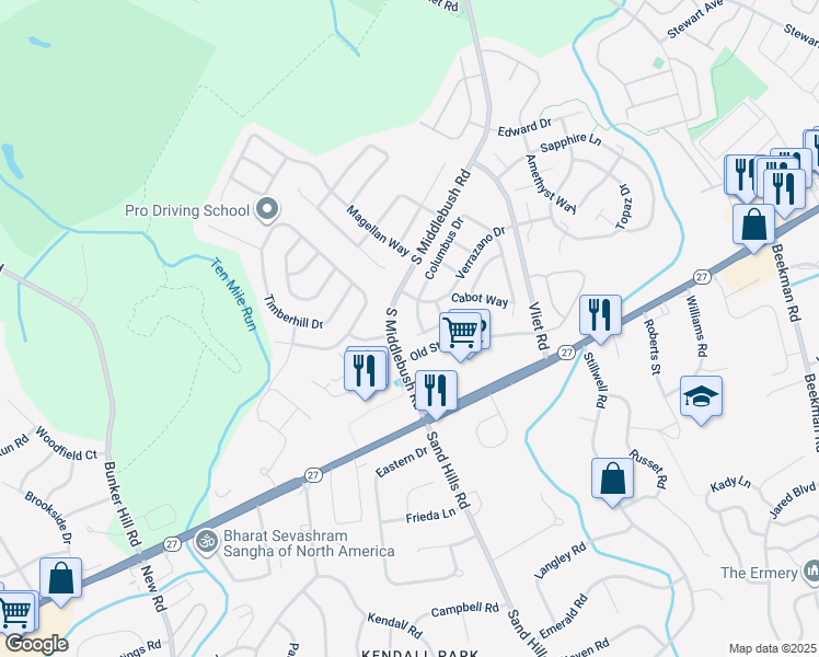 map of restaurants, bars, coffee shops, grocery stores, and more near 42 de Leon Circle in Franklin Township