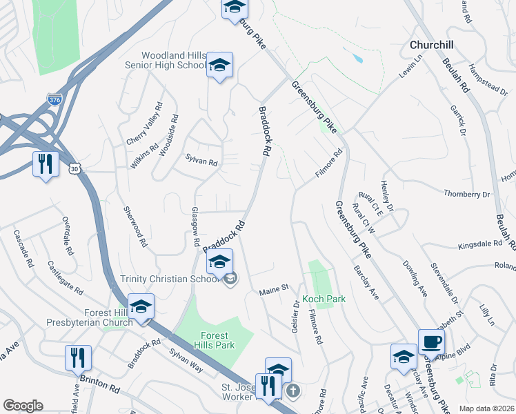 map of restaurants, bars, coffee shops, grocery stores, and more near 900 Braddock Road in Pittsburgh