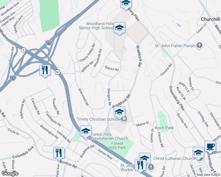 map of restaurants, bars, coffee shops, grocery stores, and more near 218 Glasgow Road in Pittsburgh