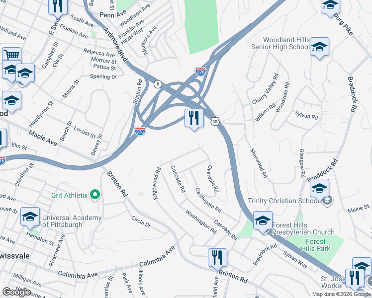 map of restaurants, bars, coffee shops, grocery stores, and more near 304 Edgewood Road in Pittsburgh