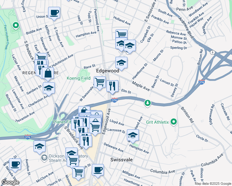 map of restaurants, bars, coffee shops, grocery stores, and more near 211 Edgewood Avenue in Pittsburgh