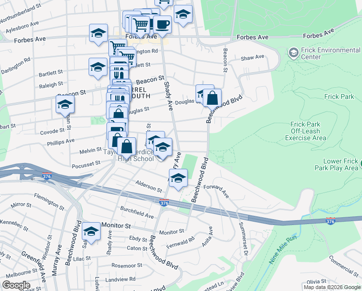 map of restaurants, bars, coffee shops, grocery stores, and more near 6321 Crombie Street in Pittsburgh