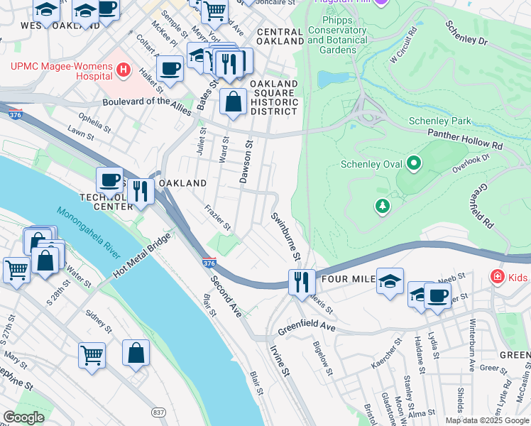 map of restaurants, bars, coffee shops, grocery stores, and more near 3255 Parkview Avenue in Pittsburgh