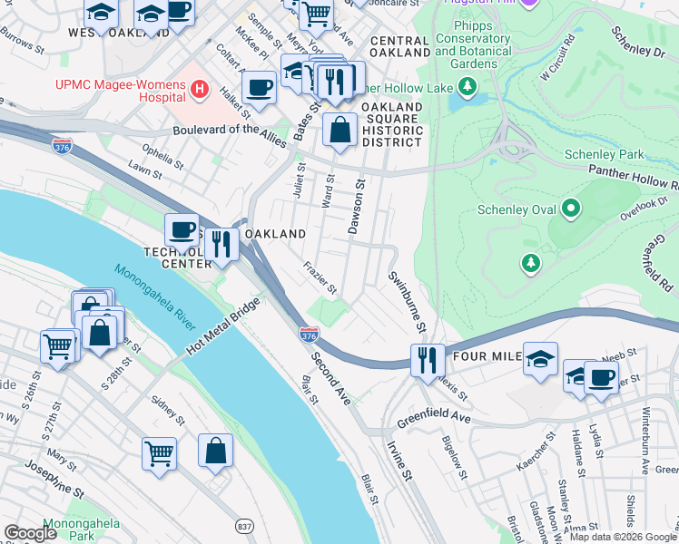 map of restaurants, bars, coffee shops, grocery stores, and more near 3237 Dawson Street in Pittsburgh