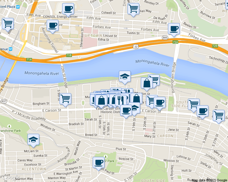 map of restaurants, bars, coffee shops, grocery stores, and more near 31 South 17th Street in Pittsburgh
