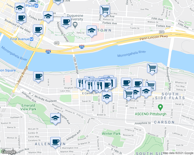 map of restaurants, bars, coffee shops, grocery stores, and more near 8 South 13th Street in Pittsburgh