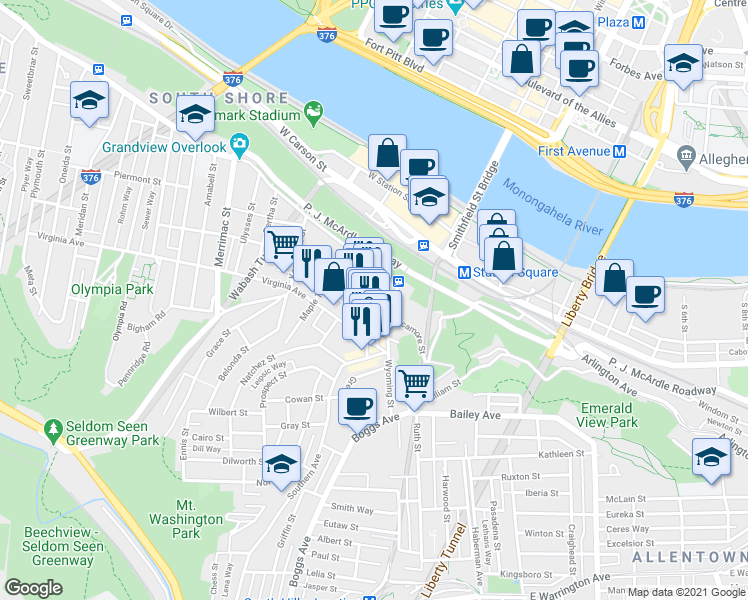 map of restaurants, bars, coffee shops, grocery stores, and more near 123 Shiloh Street in Pittsburgh