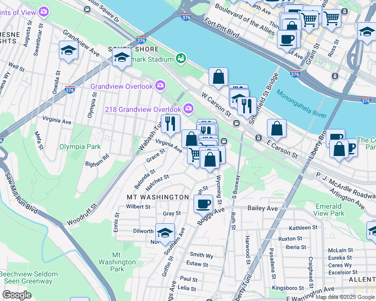 map of restaurants, bars, coffee shops, grocery stores, and more near 127 West Sycamore Street in Pittsburgh