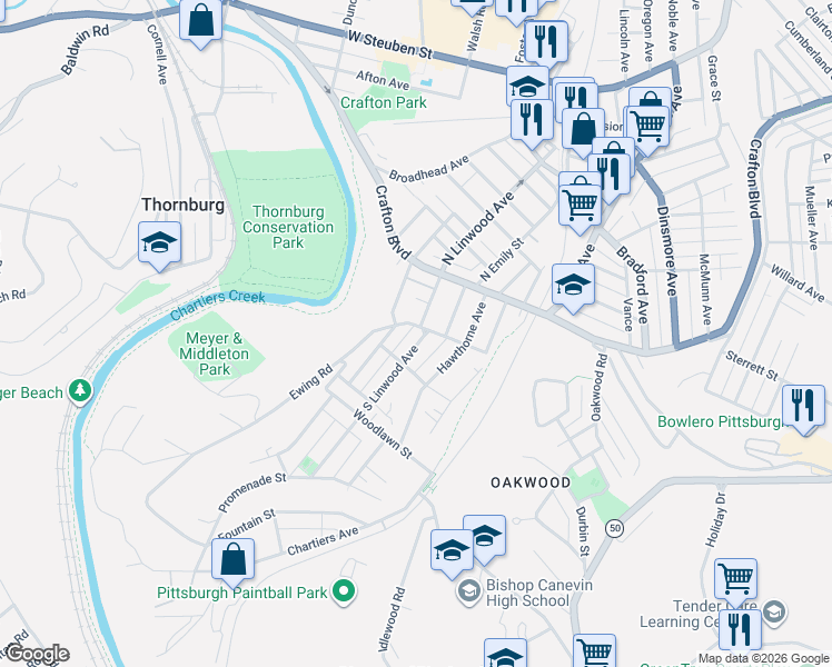 map of restaurants, bars, coffee shops, grocery stores, and more near 41 South Linwood Avenue in Pittsburgh