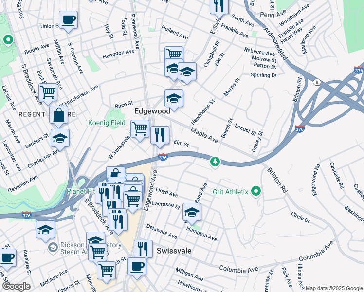 map of restaurants, bars, coffee shops, grocery stores, and more near 207 Elm Street in Swissvale