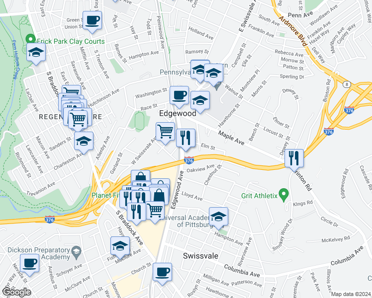 map of restaurants, bars, coffee shops, grocery stores, and more near 241 Edgewood Avenue in Pittsburgh