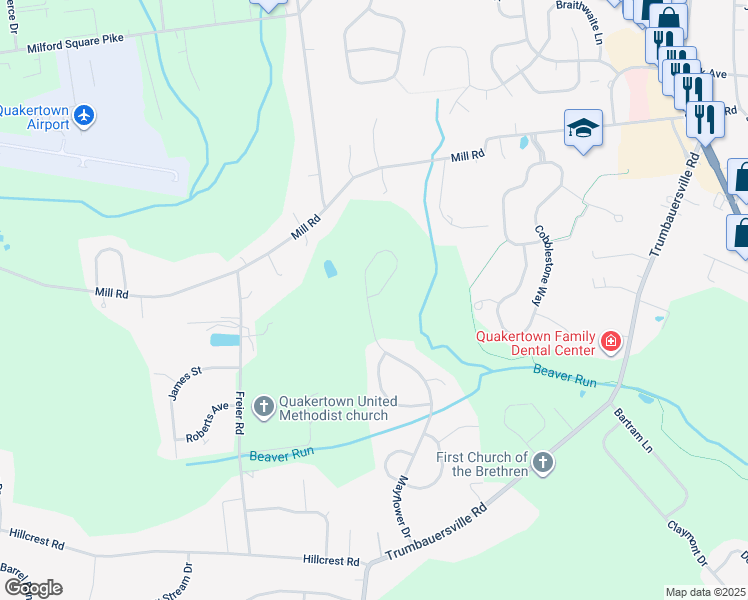 map of restaurants, bars, coffee shops, grocery stores, and more near 1925 Mayflower Drive in Quakertown