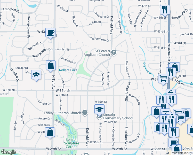 map of restaurants, bars, coffee shops, grocery stores, and more near 926 Bayberry Drive in Loveland
