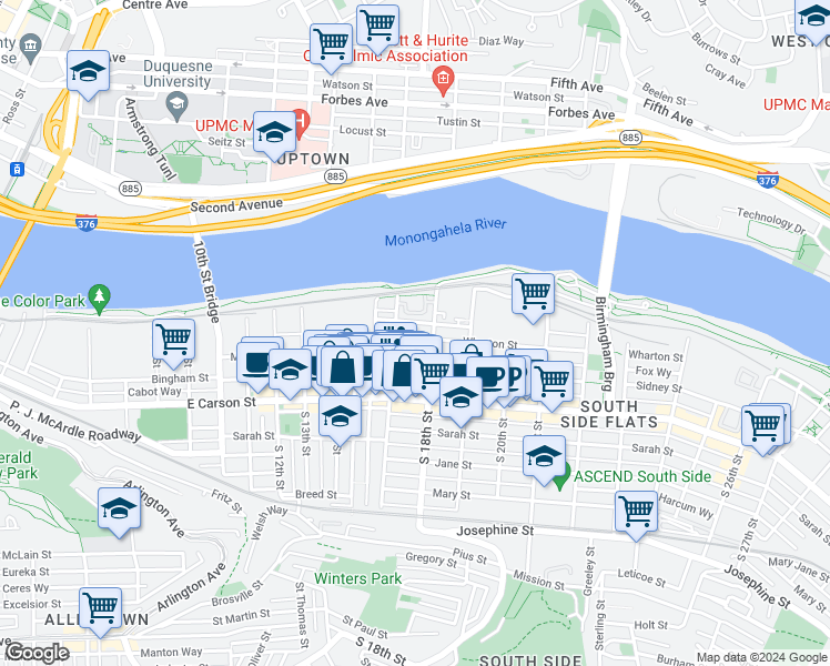 map of restaurants, bars, coffee shops, grocery stores, and more near 1721 Wharton Street in Pittsburgh