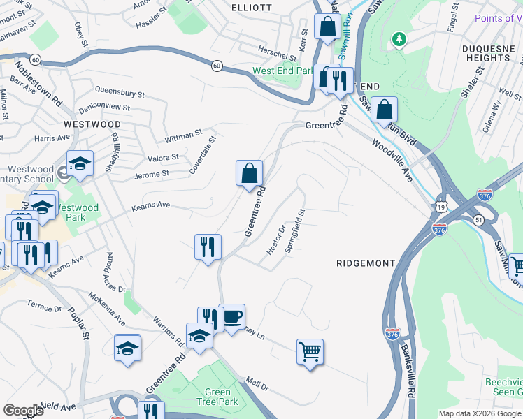 map of restaurants, bars, coffee shops, grocery stores, and more near 120 Verna Street in Pittsburgh