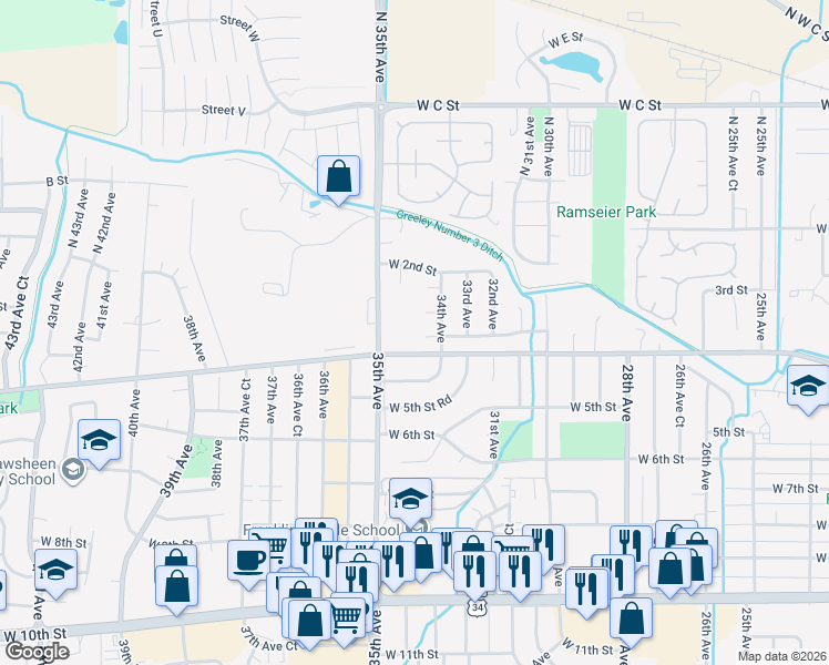 map of restaurants, bars, coffee shops, grocery stores, and more near 3416 West 3rd Street in Greeley