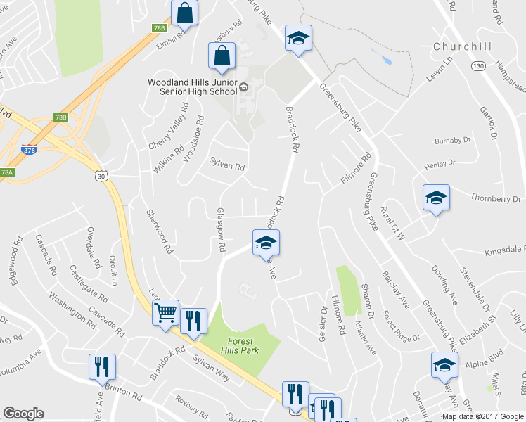 map of restaurants, bars, coffee shops, grocery stores, and more near 35 Fairview Road in Pittsburgh