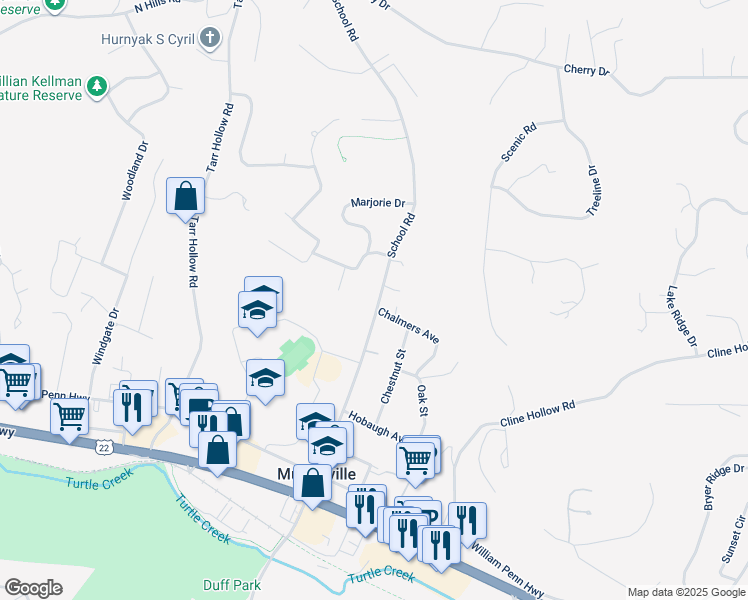 map of restaurants, bars, coffee shops, grocery stores, and more near 3240 School Road in Murrysville