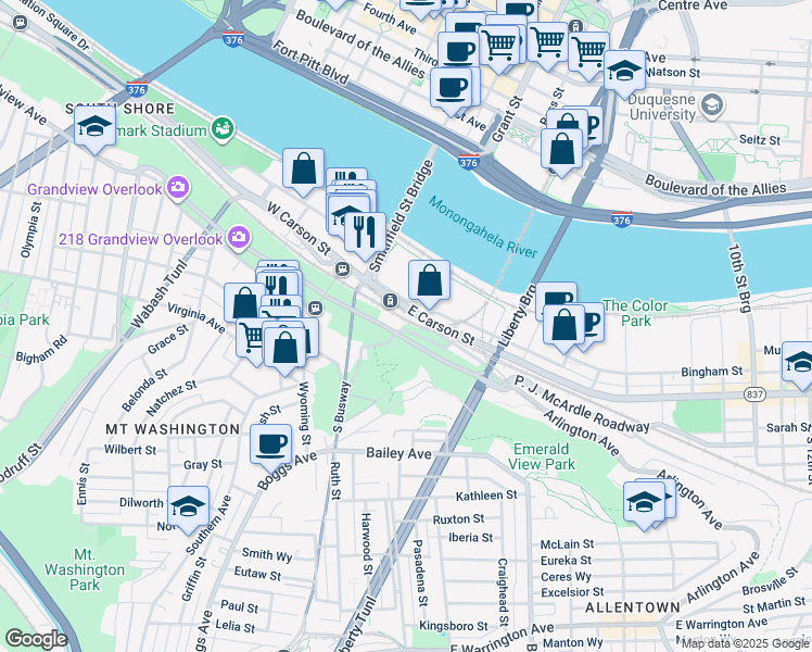 map of restaurants, bars, coffee shops, grocery stores, and more near 2 E Sycamore St in Pittsburgh
