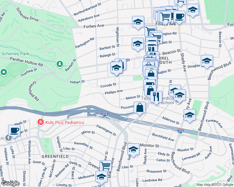 map of restaurants, bars, coffee shops, grocery stores, and more near 5552 Phillips Avenue in Pittsburgh