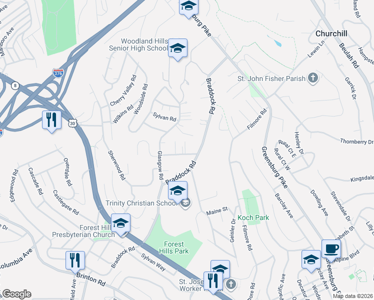 map of restaurants, bars, coffee shops, grocery stores, and more near 35 Fairview Road in Pittsburgh