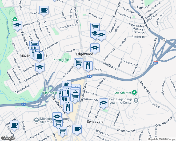 map of restaurants, bars, coffee shops, grocery stores, and more near 239 Edgewood Avenue in Pittsburgh