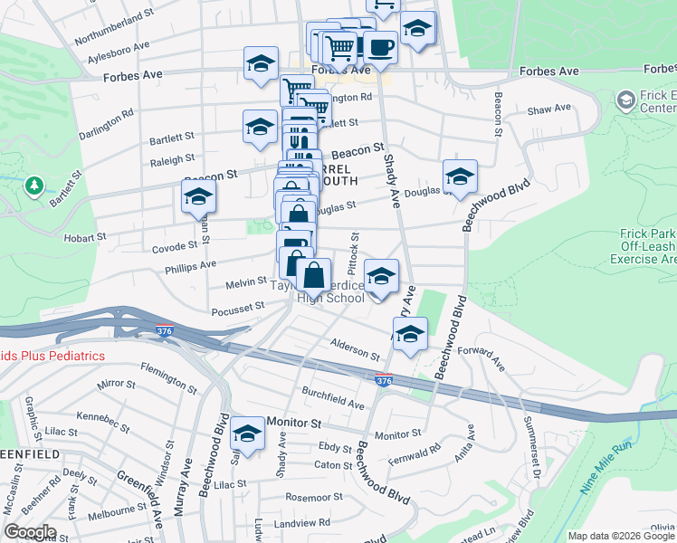 map of restaurants, bars, coffee shops, grocery stores, and more near 2323 1/2 Sherbrook Street in Pittsburgh