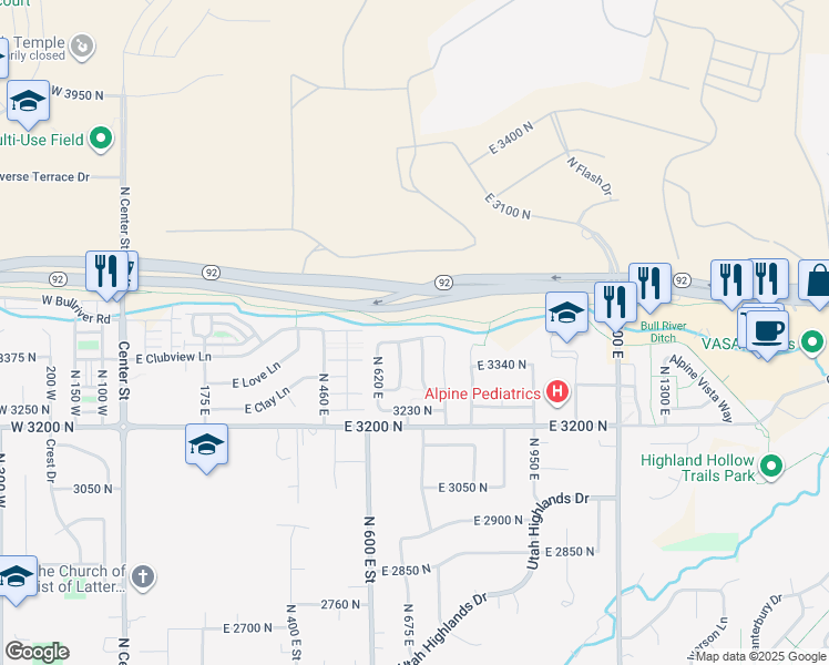 map of restaurants, bars, coffee shops, grocery stores, and more near 687 East 3420 North in Lehi