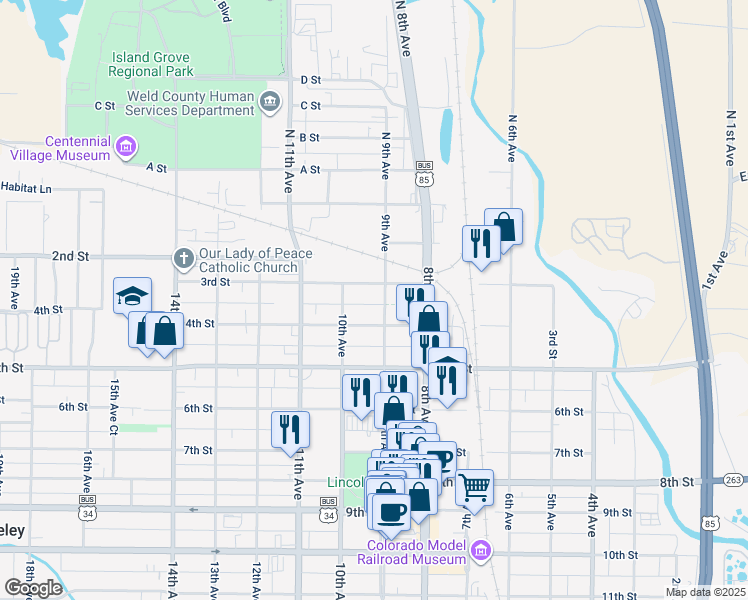 map of restaurants, bars, coffee shops, grocery stores, and more near 828 3rd Street in Greeley