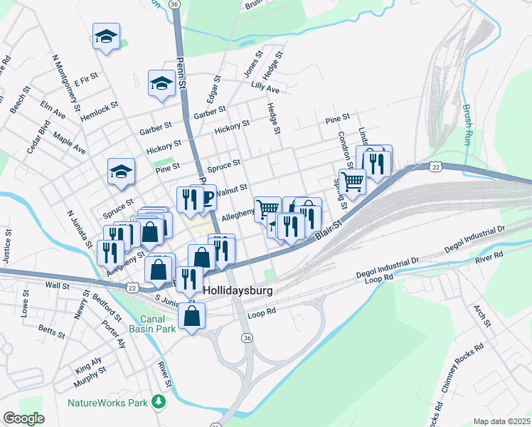 map of restaurants, bars, coffee shops, grocery stores, and more near 812 Allegheny Street in Hollidaysburg