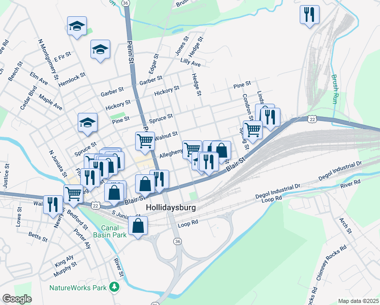 map of restaurants, bars, coffee shops, grocery stores, and more near 812 Allegheny Street in Hollidaysburg