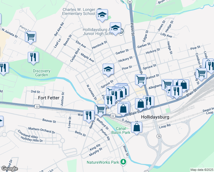 map of restaurants, bars, coffee shops, grocery stores, and more near 521 North Montgomery Street in Hollidaysburg