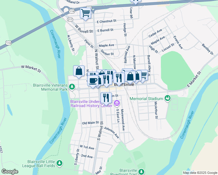 map of restaurants, bars, coffee shops, grocery stores, and more near 103 East Market Street in Blairsville