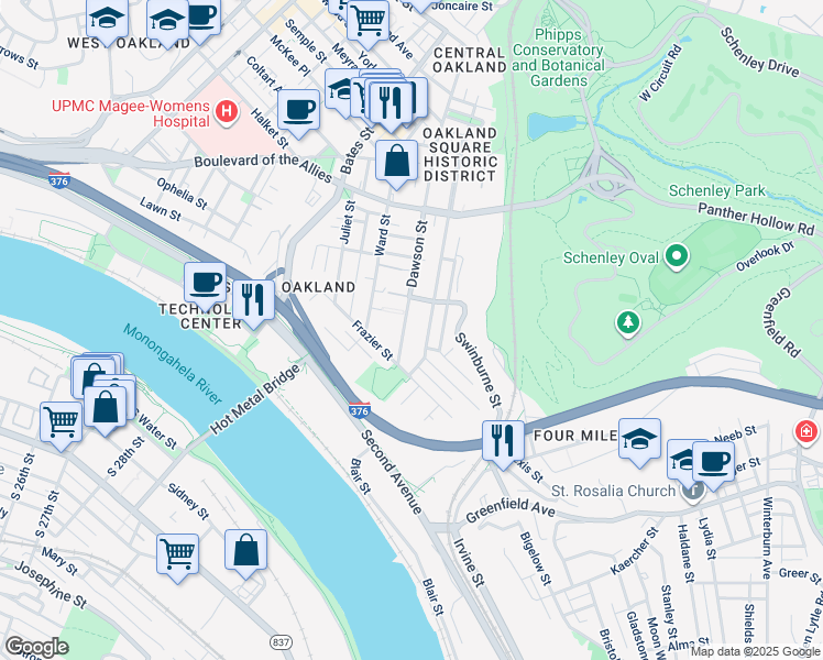 map of restaurants, bars, coffee shops, grocery stores, and more near 3255 Parkview Avenue in Pittsburgh