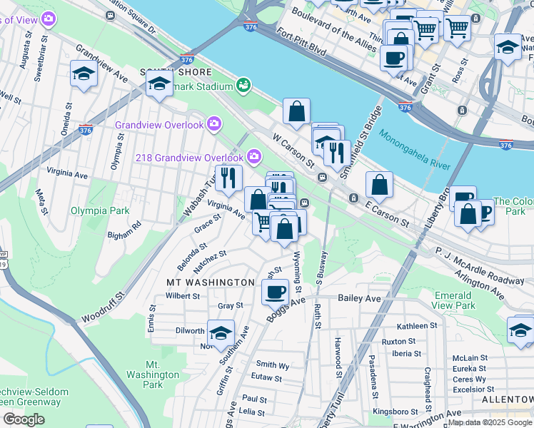 map of restaurants, bars, coffee shops, grocery stores, and more near 127 West Sycamore Street in Pittsburgh