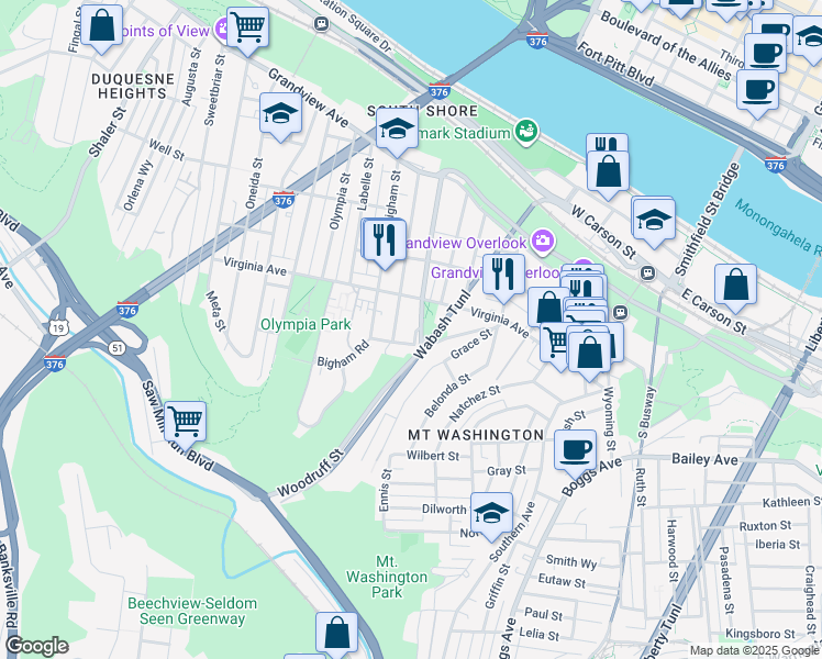 map of restaurants, bars, coffee shops, grocery stores, and more near 327 Amabell Street in Pittsburgh
